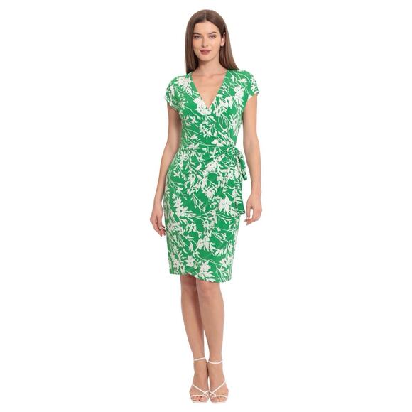 MAGGY LONDON Odette Wrap Dress Plus Size 18 Kelly Green Ivory Floral V-neck NWT - Picture 1 of 16